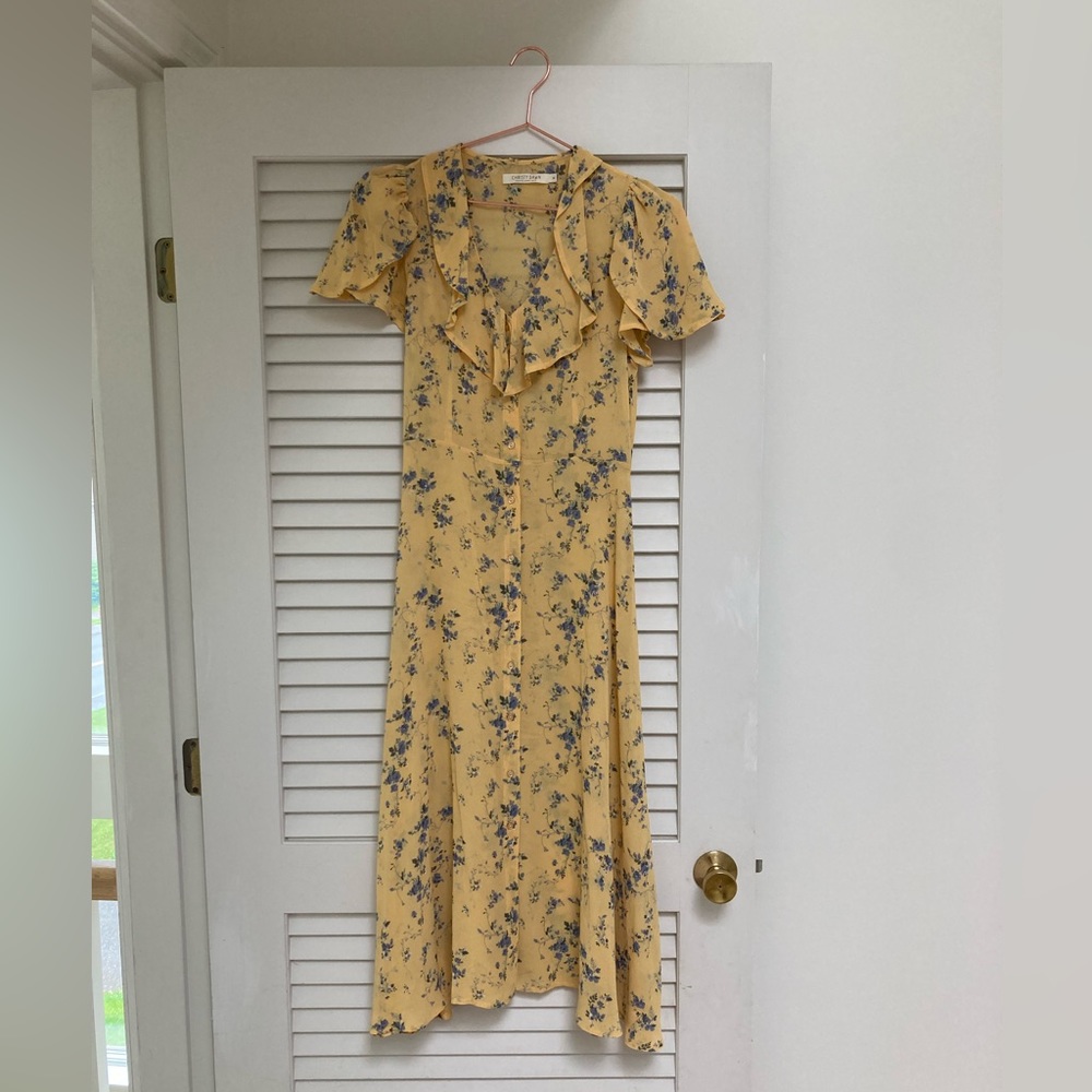 Christy Dawn Daisy Dress Yellow with Blue Flowers - Ruffle Midi Dress - XS